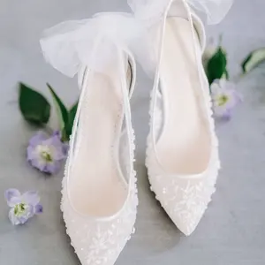 Fashion Custom women Floral Beaded Wedding Shoes with tulle bows Bridal Wedding Shoes High Heels Pumps