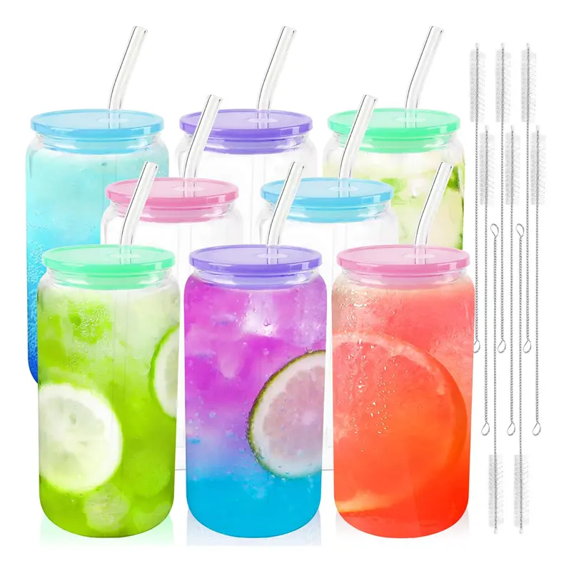 8 pieces cheap hot sale heat resistant 16 oz Can Shaped Glass Iced Coffee Cups with Lids and Straws