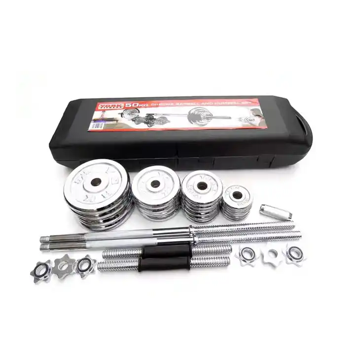 50kg Silver Chrome Barbell Dumbbell Set Gym Equipment