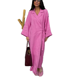 Elegante Chic da donna avvolgente in lino <span class=keywords><strong>rosso</strong></span> con risvolto a maniche <span class=keywords><strong>Kimono</strong></span> con cintura lunga Maxi abito Casual elegante per l'estate tinta unita naturale - Product Image 1