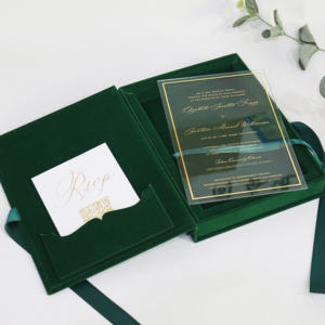 Boîte <span class=keywords><strong>d</strong></span>'invitation de mariage de luxe en velours vert émeraude <span class=keywords><strong>carte</strong></span> de mariage acrylique avec nœud en ruban - Product Image 5