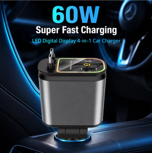 Chargeur de voiture <span class=keywords><strong>4</strong></span>-en-1 à affichage numérique LED 60W, chargeur rapide avec câbles rétractables et 2 adaptateurs PD Type C pour <span class=keywords><strong>iPhone</strong></span> Android - Product Image 1