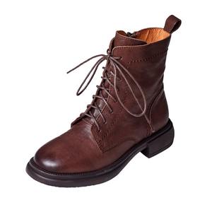 Nouvelles bottes en cuir de vachette faites à la main pour femmes, bout rond, lacets, talon chaton, bottines Martin pour femmes, automne et hiver - Product Image 5