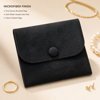 Pochette carrée en microfibre suédée noire avec logo personnalisé en relief, fermeture à bouton pression, sac d'emballage de luxe pour bijoux avec anneau