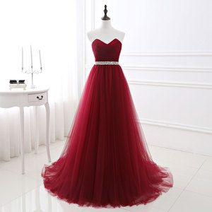 Wine Red A-Line Tulle Evening Dress Sweetheart Neckline With Rhinestone Belt For Weddings And Graduation Parties - Product Image 2