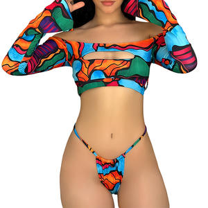 <span class=keywords><strong>Bikini</strong></span> Sexy Estampado de Cintura Alta con Escote Pronunciado para Mujer, Conjunto de 2 Piezas, Nuevo Traje de Baño Dividido para Parejas, Tallas Grandes, Spandex/Poliéster - Product Image 4