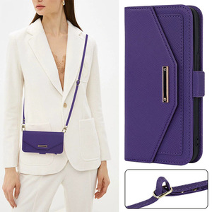 Étui de téléphone à rabat en cuir PU avec bandoulière, porte-cartes, miroir et protection intégrale - Product Image 2
