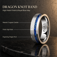 Bague de mariage en tungstène 8 mm avec incrustation de pierres bleues concassées et gravure nœud de dragon pour couples, fiançailles, anniversaire