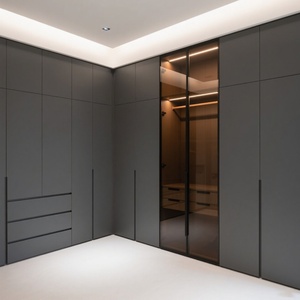 Dressing moderne autoportant écologique avec grandes portes vitrées, finition gris foncé mat, poignées dissimulées, sur mesure pour hôtel - Product Image 5