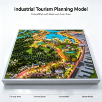 Maquette de parc industriel de tourisme culturel avec bâtiments, zone aquatique, routes, ceinture verte, ceinture lumineuse et zones fonctionnelles