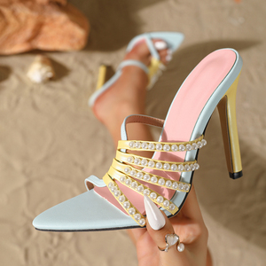 Sandalias de tacón alto estilo francés, elegantes, con tacón de aguja, sexys, con bloques de color, punta puntiaguda, con tiras, con cuentas y punta abierta - Product Image 1