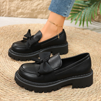 Mocassins à nœud pour femme, semelle compensée, plateforme épaisse, bout rond, style preppy, chaussures d'uniforme scolaire, noirs