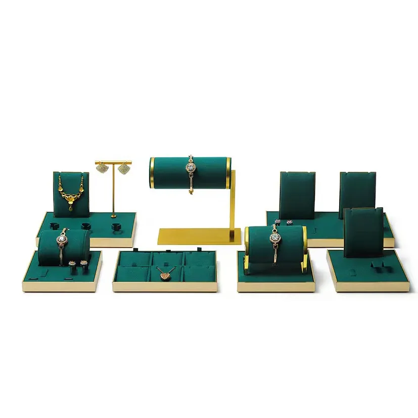 Moda di lusso verde microfibra metallo Display Set Stand Cabinet per gioielli anello orecchino ciondolo braccialetto vassoio vetrina