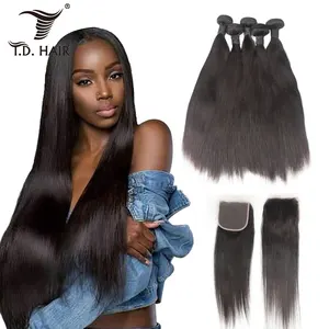 Brazilian Hair Straight 3 Bundles with 1 Closure Set Grade Human 100% Raw Unprocessed Virgin Hair 10-40 inch Bundle