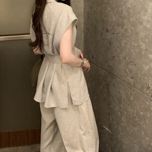 Women's Summer Collared Sleeveless Tie-Front Blouse & High-Waisted Wide-Leg <b>Pants</b> 2-Piece Set Fashion - Product Image 6