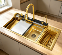 Évier de cuisine multifonctionnel intelligent en acier inoxydable 304, 100x46cm, avec cascade, égouttoir à tasses et support à vaisselle, modèle nid d'abeille populaire de Chine