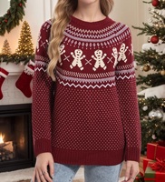 Pull en tricot Fair Isle pour femme, col rond, manches longues, motif bonhomme de pain d'épices bordeaux, pour les fêtes de Noël