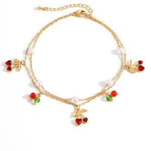 สร้อยข้อเท้าสแตนเลสสตีลสองชั้นประดับมุกเชอร์รี่ชุบทอง 18k เครื่องประดับเท้าสำหรับผู้หญิง - Product Image 5