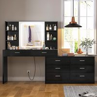Commode moderne en bois massif avec miroir LED et largeur réglable, 8 tiroirs et étagère de rangement pour chambre à coucher