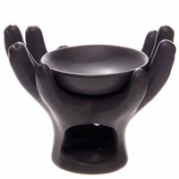Brûleur d'huile essentielle en céramique fait main, forme personnalisée, noir contemporain, motif mains ouvertes, pour cire et bougie chauffe-plat, pour la maison