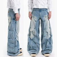 Jean en denim délavé coupe droite taille haute style vintage hip-hop streetwear, personnalisé par le fabricant, pour l'automne, avec boutons effet usé