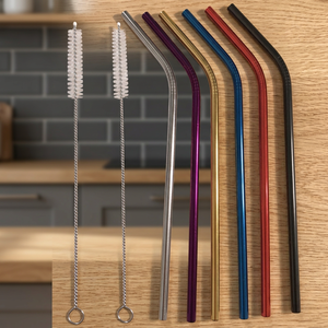 Reusable <b>Metal</b> Drinking <b>Straws</b> Set With Cleaning Brush Modern Bar Accessories Multicolor Bendable Stainless Steel <b>Straws</b> - Product Image 2