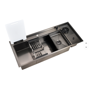 Évier <span class=keywords><strong>de</strong></span> <span class=keywords><strong>cuisine</strong></span> fait à la main Nouvelles tendances Finition gaufrée Nano <span class=keywords><strong>Noir</strong></span> 304 Acier inoxydable 4 trous Poubelle multifonctionnelle anti-rayures - Product Image 5