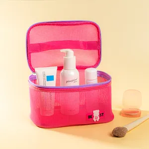 맞춤형 로고 메쉬 화장품 주최자 가방 지퍼가 달린 대용량 메쉬 메이크업 가방