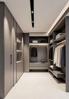Système de dressing sur mesure en placage de bois noir mat de luxe italien avec éclairage LED linéaire intégré