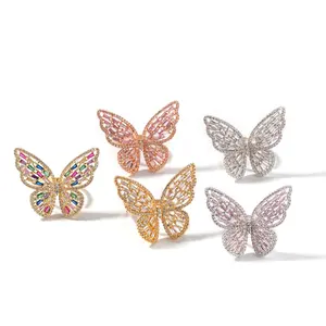 2023 Wholesale Hip Hop Hiphop Gold Butterfly Ring Cubic Zirconia Diamond Stone Inced Out Pink CZ Luxury Jewelry Women Men Hot