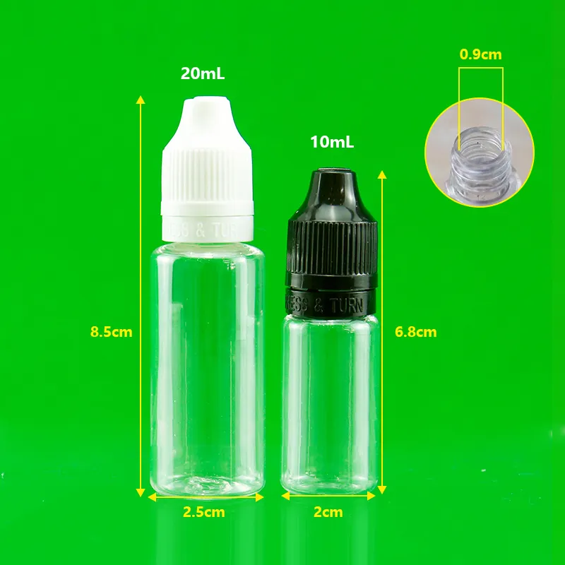 10ml 20ml emballage en plastique PET vide bouchon en plastique bouteilles d'huile liquide avec bouchon à l'épreuve des enfants