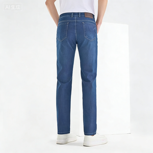 पुरुषों के स्लिम सीधे हल्के हल्के धोने वाले कार्बनिक कपास डेनिम पैंट ठोस नीले काले खाकी आकस्मिक गर्मियों में - Product Image 2