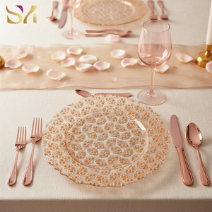 Assiette de présentation de luxe en <span class=keywords><strong>verre</strong></span> transparent gaufré de 13 pouces avec dentelle perlée dorée pour mariages, hôtels et événements - Product Image 3