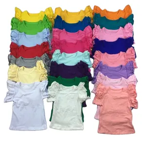 RTS Hot Sale Kids Plain Flutter Sleeve Shirts Atacado Barato Verão Meninas Do Bebê Plissado Tops Para Crianças Boutique Roupas
