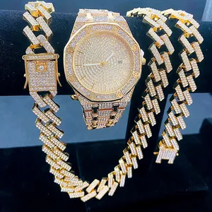 Бесплатный образец, высококачественные кубинские браслеты-цепочки в стиле хип-хоп, набор ожерелий, часы, мужские подарочные часы с бриллиантами