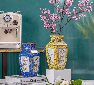 Vase en émail carré jaune fait à la main antique chinois Vase en céramique décor à la maison avec motif fleur et oiseaux complexe bord doré - Product Image 6