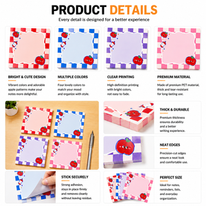 Cute Apple Print PET Sticky Notes, Tear-Resistant Self-Adhesive <b>Memo</b> <b>Pads</b>, Colorful Design for Office, School & Daily Reminders - Product Image 2