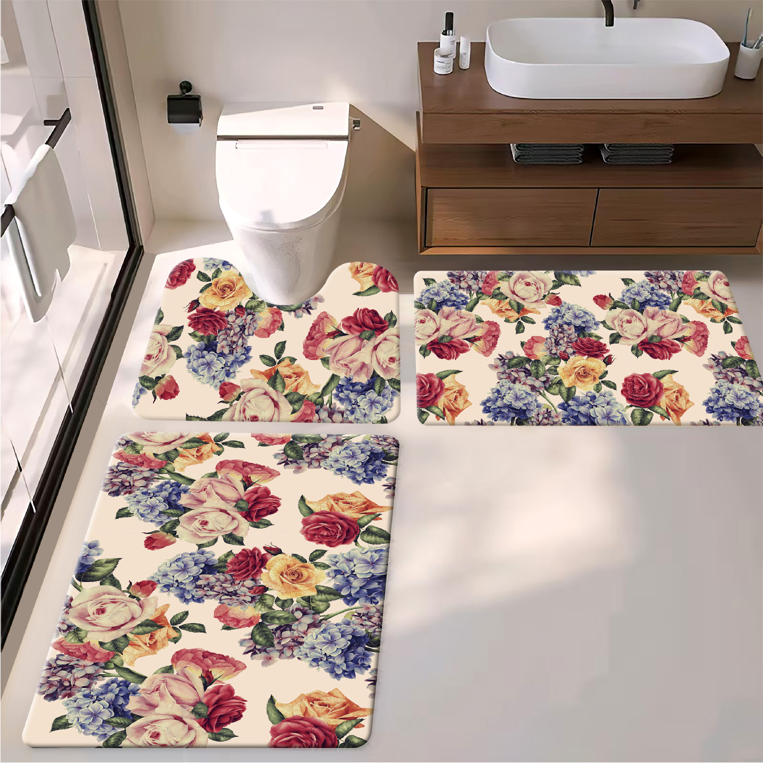 Peinture à l'huile vintage, motif floral dense de roses et d'hortensias.