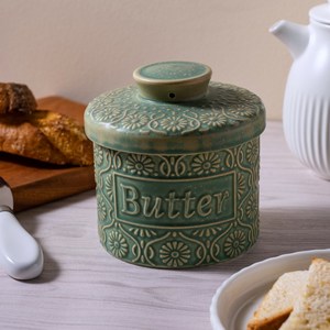 Nouvelle arrivée : Beurrier en céramique émaillée au four de style chinois vintage avec couvercle, récipient de rangement pour beurre gaufré pour la cuisine domestique - Product Image 1