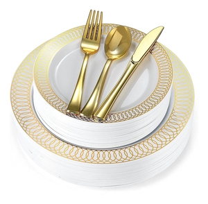 Tableware sets plates with Golden rim pattern cutlery Heavy Duty utensils plastic disposable dinnerware for party wedding