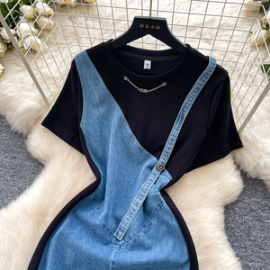 Abito lungo estivo casual con scollo a O e spacco per donna, vestito in denim patchwork a vita alta - Product Image 3