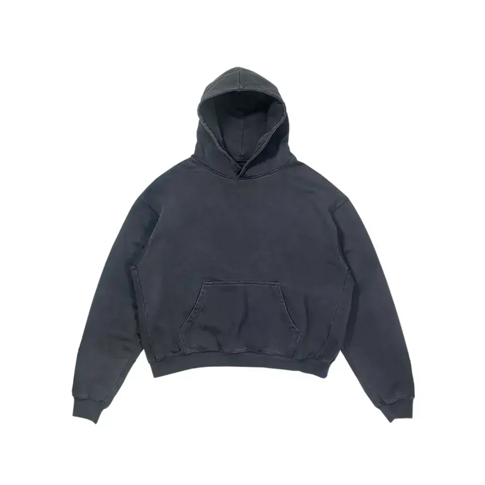 Meist verkaufte Boxy Fit Cropped Puff Print Grafik Baumwolle Fleece Stein wäsche Black Hoodie Cut und Sew Manufac turing Company