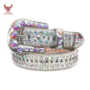 Custom Designer Western Punk Sparkle Unisex Diamond Studded White Rhinestone Leather Belt Men