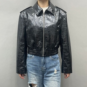 Dernier modèle de veste en cuir véritable pour femme, coupe courte, en cuir verni <span class=keywords><strong>noir</strong></span>, taille cintrée - Product Image 3