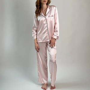 Set di pigiami in raso a righe Chic da <span class=keywords><strong>donna</strong></span> di alta qualità stile di lusso con elastico <span class=keywords><strong>rosa</strong></span> per l'estate primavera - Product Image 2