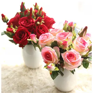 Rosa de flores artificiais de veludo com 3 cabeças de flores, flor de caule único de 37 cm, ideal para decoração de casa e casamento