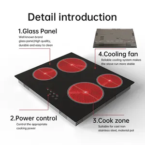 Venta caliente 6000W Función de refuerzo Infrarrojo 4 quemadores Vitro Placa de cocina de cerámica con 4 zonas Placa de cocina integrada