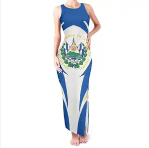 El Salvador Flag Pattern Women's Round Neck Double Slit Dress POD Personalized Sleeveless Sundress Wholesale Suspender Skirt New