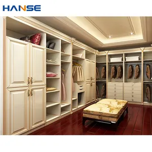 定制卧室壁挂式橱柜壁橱系统设计现代白色木制步行在带抽屉的储藏室衣柜套装