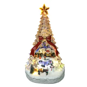 Christmas Scene Rotating Tabletop Musical Led Acrylic Christmas Tree With Movement Xmas Scene Christmas Decoration 2024